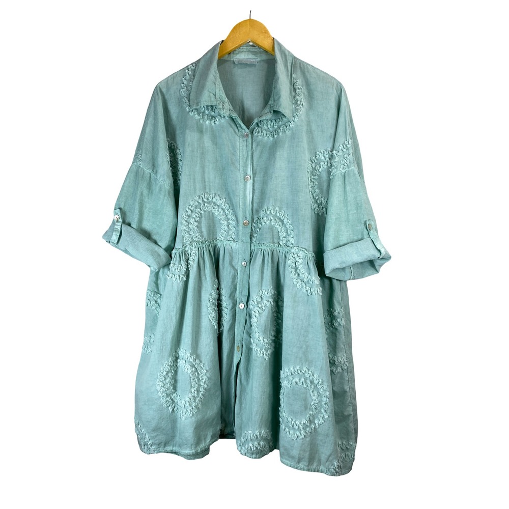Made in Italy Blue Cotton Textured Circle Babydoll Tunic Shirt Dress 2X